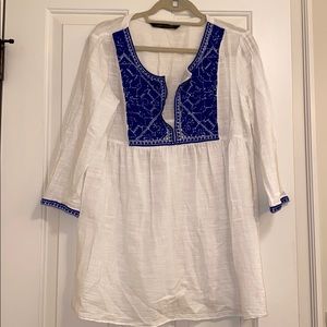 Zara White Linen Tunic with blue embroidery